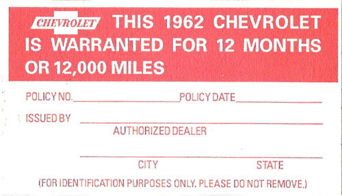 1962 PASS 12,000 MILE WARRANTY CARD Photo Main