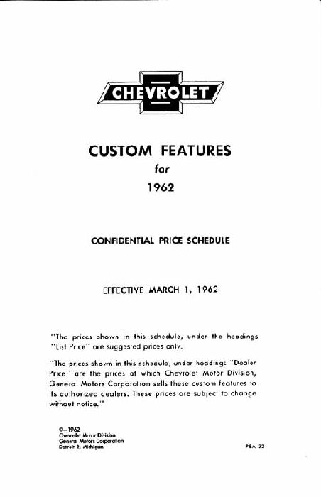 1962 CHEVROLET RETAIL ACCY PRICE BOOKLET Photo Main