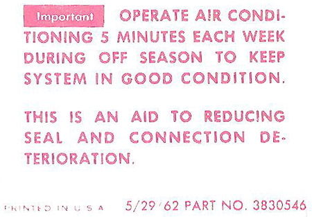 1963 PASS A/C OPERATION INST. GLOVE BOX DECAL  Photo Main
