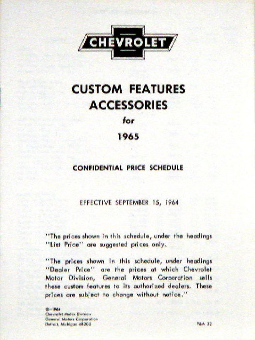1965 CHEVROLET RETAIL ACCY PRICE BOOKLET Photo Main
