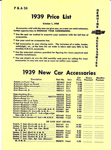 1939 CHEVROLET RETAIL ACCY PRICE BOOKLET Photo Main