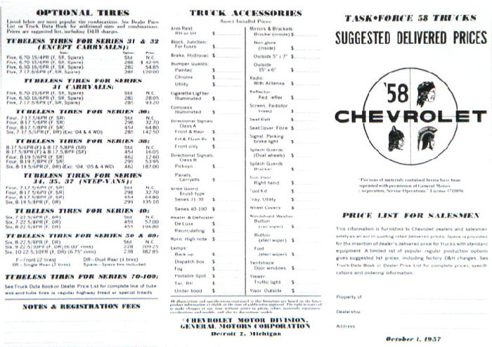 1958 TRUCK DELIVERED RETAIL PRICE LIST Photo Main