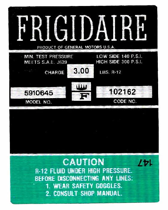 1967-68 TRUCK FRIGIDAIRE A/C COMPRESSOR GRN DECAL Photo Main
