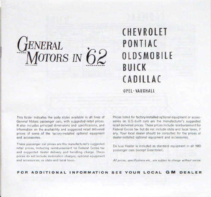 1962 ALL GM PASS RETAIL PRICE LIST Photo Main