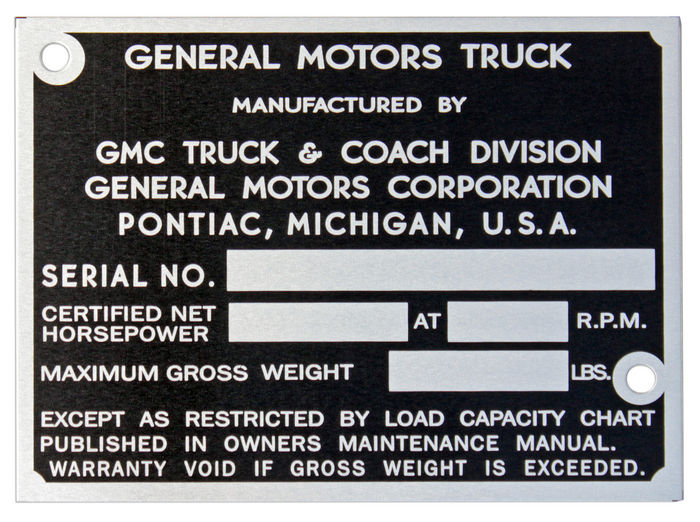 1947-52 GMC TRUCK ID PLATE Photo Main