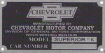 Chevrolet Parts -  1925 SUPERIOR K  ID PLATE