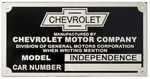 Chevrolet Parts -  1931 INDEPENDENCE CAR & TRUCK ID PLATE